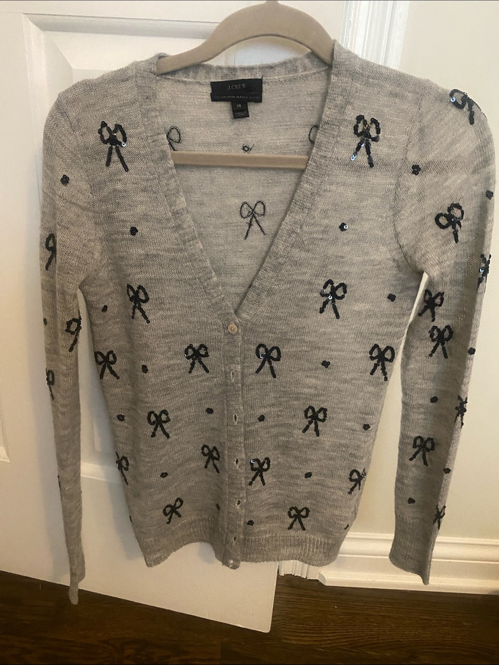 J. Crew Light Gray V-Neck Sequin Bow Cardigan